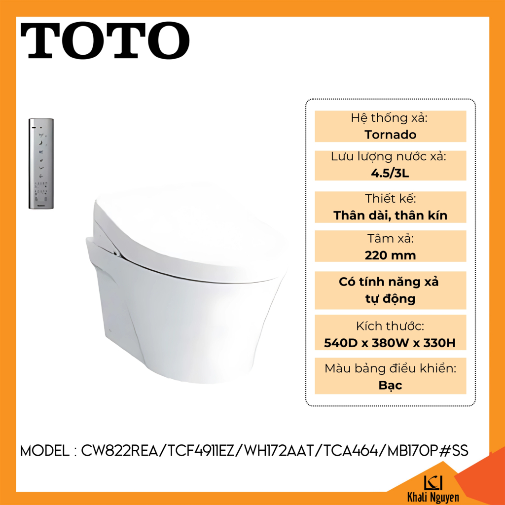 Bồn cầu TOTO treo tường CW822REA/TCF4911EZ/WH172AAT/TCA464/MB170P#SS