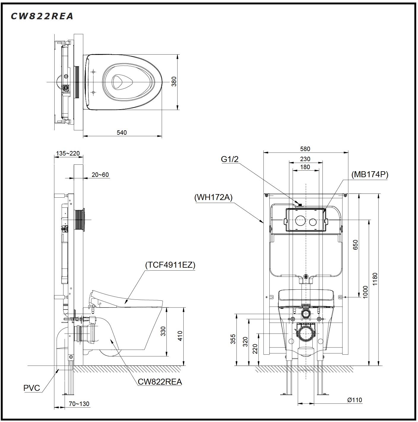 Bản vẽ bồn cầu TOTO treo tường CW822REA/TCF4911EZ/WH172AT/TCA465/MB170P#SS