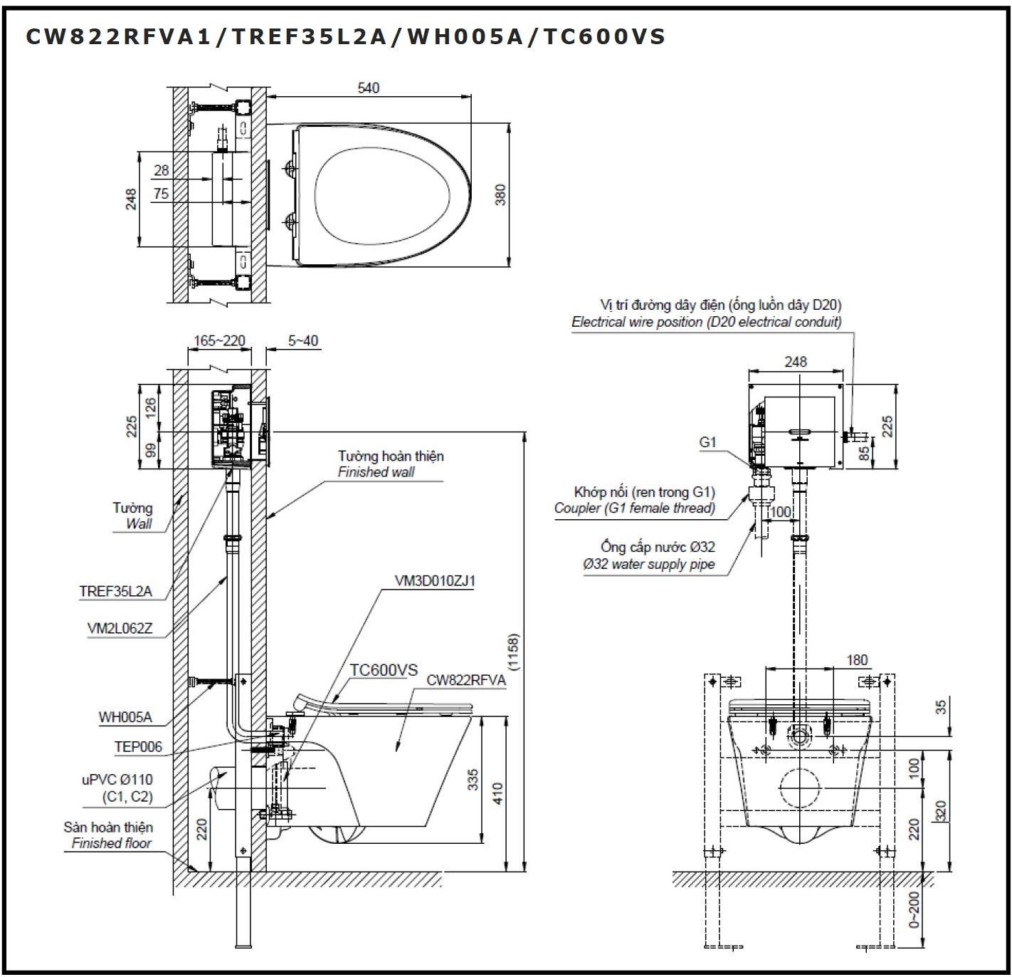 Bản vẽ Bồn cầu treo tường TOTO CW822RFVA1/TREF35L2A/WH005A/TC600VS