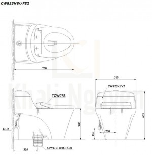 Bản Vẽ Bàn Cầu Một Khối TOTO CW823NW/FE2 Nắp Cơ TCW07S