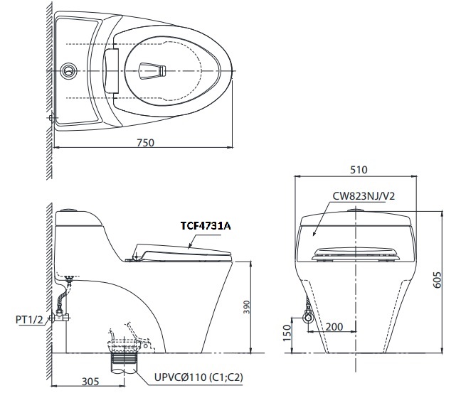 Bản Vẽ Bồn Cầu Điện Tử TOTO CW823NW/FW4 Nắp Tự Động Đóng Mở