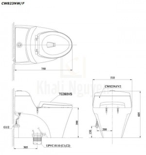 Bản Vẽ Bồn Cầu TOTO CW823NW/F Một Khối Nắp TC393VS