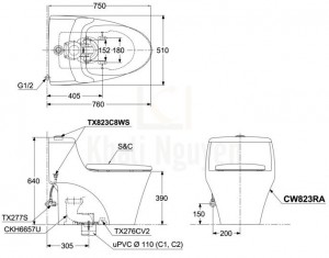 Bản Vẽ Bồn Cầu TOTO CW823RAT2 Một Khối Nắp TC393VS