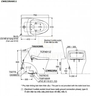 Bản Vẽ Bồn Cầu Một Khối TOTO CW823RAW11 Nắp Rửa WASHLET