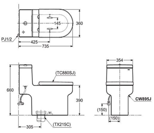 Bản vẽ bồn cầu TOTO 1 khối CW895JW/F