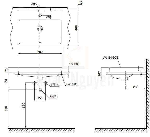 Bản Vẽ Chậu Rửa Mặt Lavabo TOTO L1616C Đặt Bàn