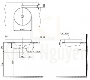 Bản Vẽ Chậu Rửa Mặt Lavabo TOTO L1704 Đặt Bàn