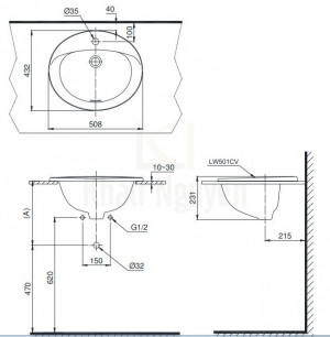 Bản Vẽ Chậu Rửa Lavabo TOTO L501C Dương Vành