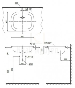 Bản Vẽ Chậu Rửa Mặt Lavabo TOTO L763 Dương Vành