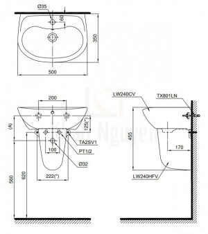 Bản Vẽ Chậu Lavabo TOTO LHT240CS Treo Tường Chân Ngắn