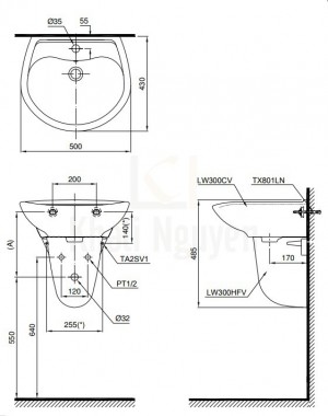Bản Vẽ Chậu Lavabo TOTO LHT300CR Treo Tường Chân Ngắn
