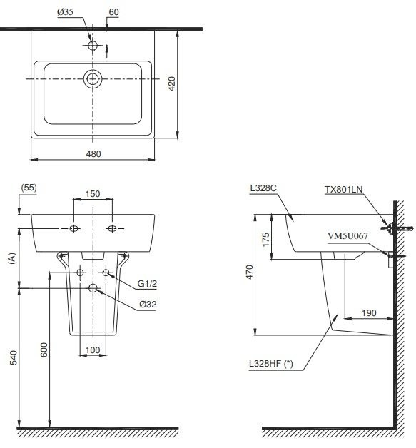 Bản vẽ lavabo TOTO treo tường LHT328C