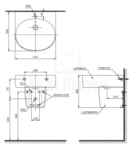 Bản Vẽ  Chậu Lavabo TOTO LHT766CR Treo Tường Chân Ngắn