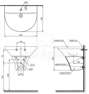 Bản Vẽ Chậu Lavabo TOTO LHT947CS Treo Tường Chân Ngắn
