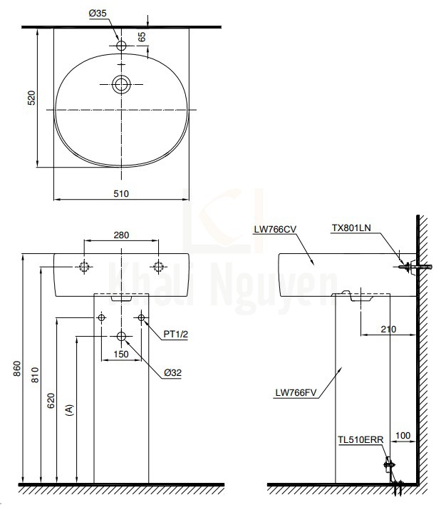 Bản Vẽ Chậu Lavabo TOTO LPT766C Treo Tường Chân Dài