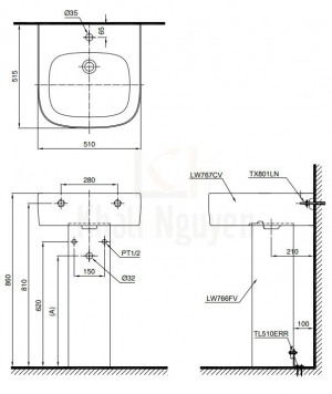 Bản Vẽ Chậu Lavabo TOTO LPT767C Treo Tường Chân Dài
