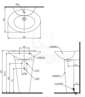 Bản Vẽ Chậu Lavabo TOTO LPT908C Treo Tường Chân Dài