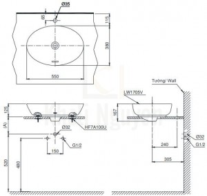 Bản Vẽ Chậu Rửa Lavabo TOTO LT1705 Đặt Bàn
