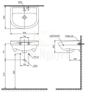 Bản Vẽ Chậu Rửa Lavabo TOTO LT210CTR Treo Tường