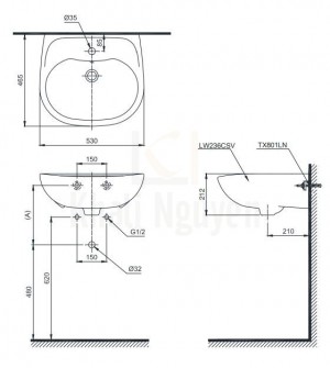 Bản Vẽ Chậu Rửa Mặt Lavabo TOTO LT236CS Treo Tường