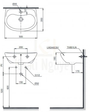 Bản Vẽ Chậu Rửa Lavabo TOTO LT240CS Treo Tường