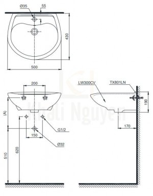 Bản Vẽ Chậu Rửa Lavabo TOTO LT300C Treo Tường