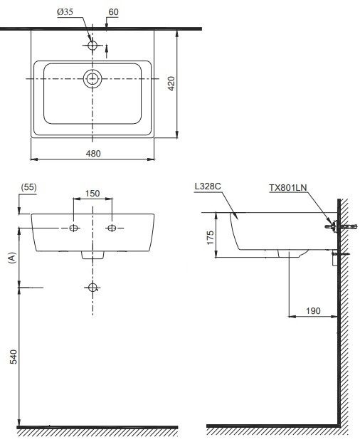 Bản vẽ lavabo TOTO treo tường LT328C