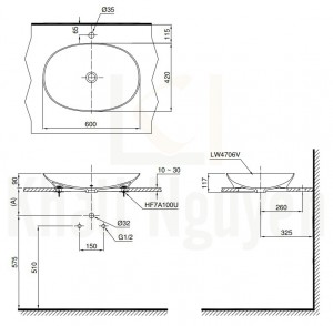 Bản Vẽ Chậu Rửa Mặt Lavabo TOTO LT4706 Đặt Bàn