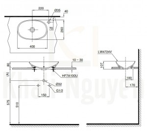Bản Vẽ Chậu Rửa Mặt Lavabo TOTO LT4724 Đặt Bàn