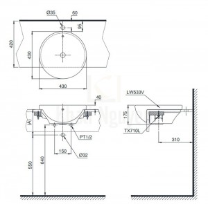 Bản Vẽ Chậu Lavabo TOTO LT533R Bán Âm Bàn