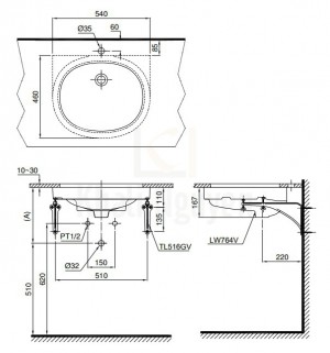 Bản Vẽ Chậu Lavabo TOTO LT764 Âm Bàn