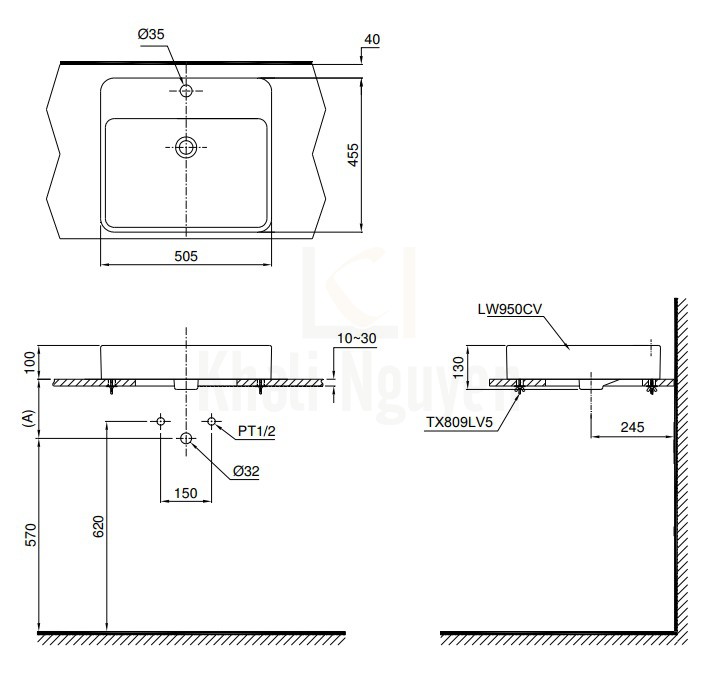 Bản Vẽ Chậu Lavabo TOTO LT950C Đặt Bàn