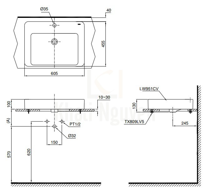 Bản Vẽ Chậu Rửa Lavabo TOTO LT951C Đặt Bàn