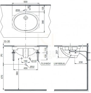 Bản Vẽ Chậu Rửa Lavabo TOTO LW1505V Âm Bàn Oval