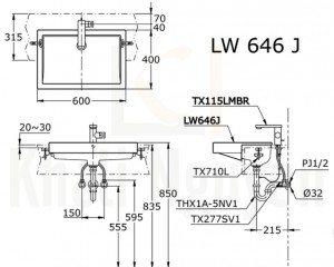 Bản Vẽ Chậu Rửa Lavabo TOTO LW646JW/F Bán Âm Bàn