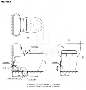 Bản Vẽ Bàn Cầu TOTO MS366E2 Một Khối Nắp Cơ
