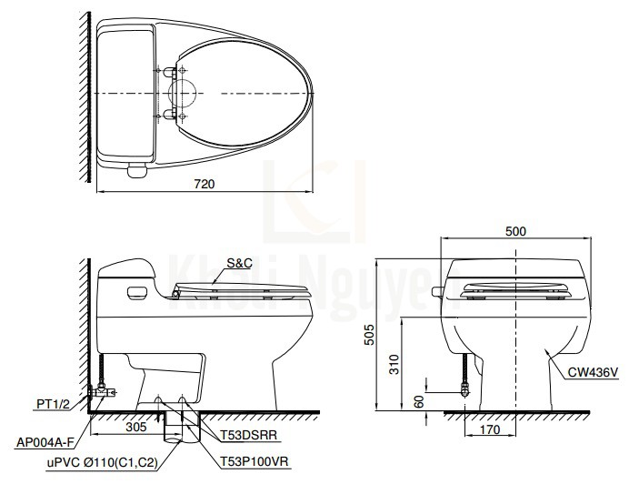 Bản Vẽ Bồn Cầu TOTO MS436T2 1 Khối Nắp TC393VS