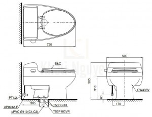 Bản Vẽ Bồn Cầu TOTO MS436T2 1 Khối Nắp TC393VS