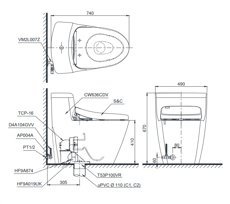 Bản Vẽ Bồn Cầu TOTO MS636CDW10 Nắp Điện Tử Washlet