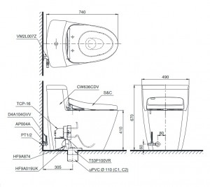 Bản Vẽ Bồn Cầu TOTO MS636CDW10 Nắp Điện Tử Washlet