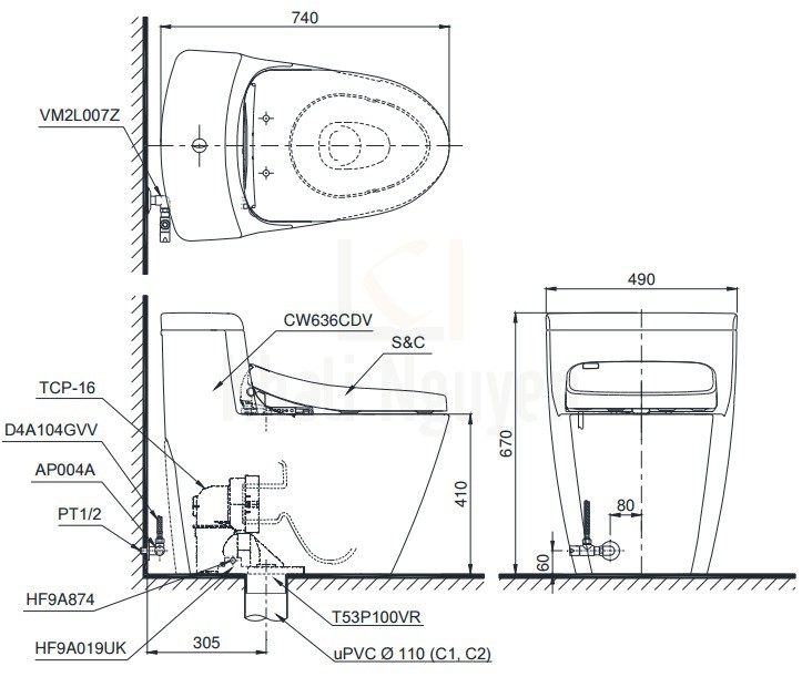 Bản Vẽ Bồn Cầu TOTO MS636DT2 1 Khối Nắp TC393VS