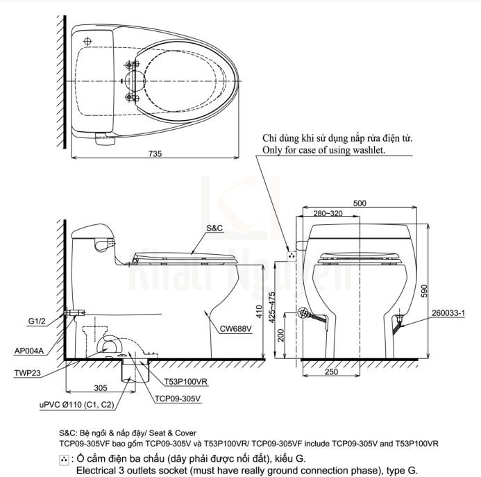 Bản Vẽ Bồn Cầu TOTO MS688T8 Một Khối Nắp TC600VS