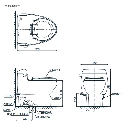 Bản Vẽ Bồn Cầu Điện Tử TOTO MS688W4 Nắp Tự Động Đóng Mở