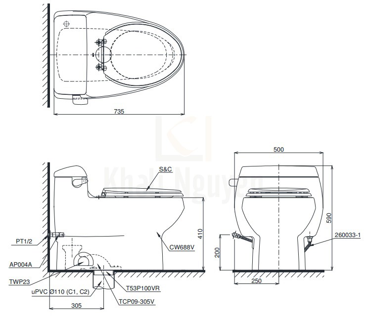 Bản Vẽ Bồn Cầu Điện Tử TOTO MS688W6 Nắp Rửa Washlet
