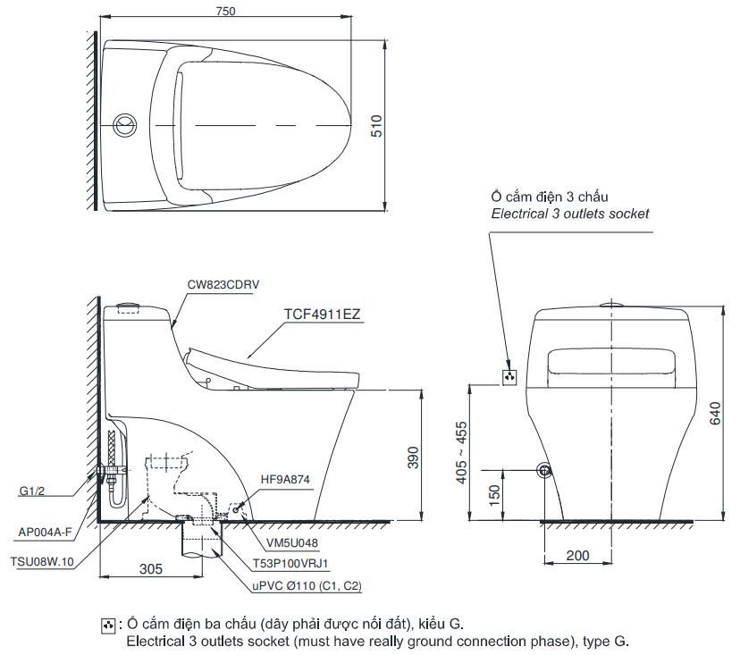 Bản Vẽ Bồn Cầu 1 Khối TOTO MS823CDRW12