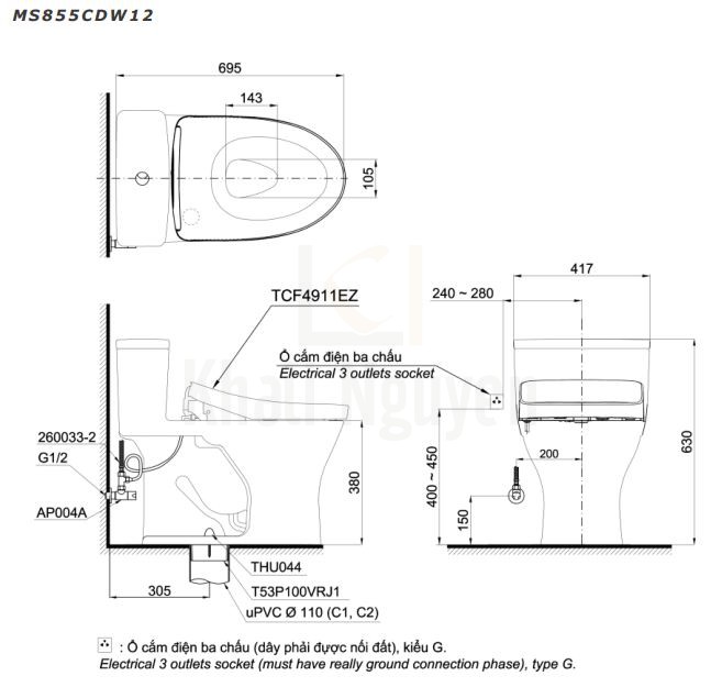 Bản Vẽ Bồn Cầu Điện Tử TOTO MS855CDW12 Nắp Tự Động Đóng Mở