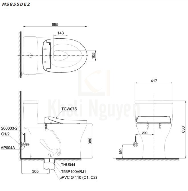 Bản Vẽ Bàn Cầu TOTO MS855DE2 Nắp Cơ Ecowasher