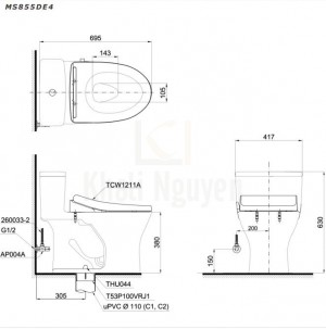 Bản Vẽ Bồn Cầu TOTO MS855DE4 Một Khối Nắp Cơ