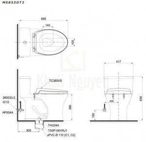 Bản Vẽ Bồn Cầu TOTO MS855DT2 Một Khối Nắp TC393VS