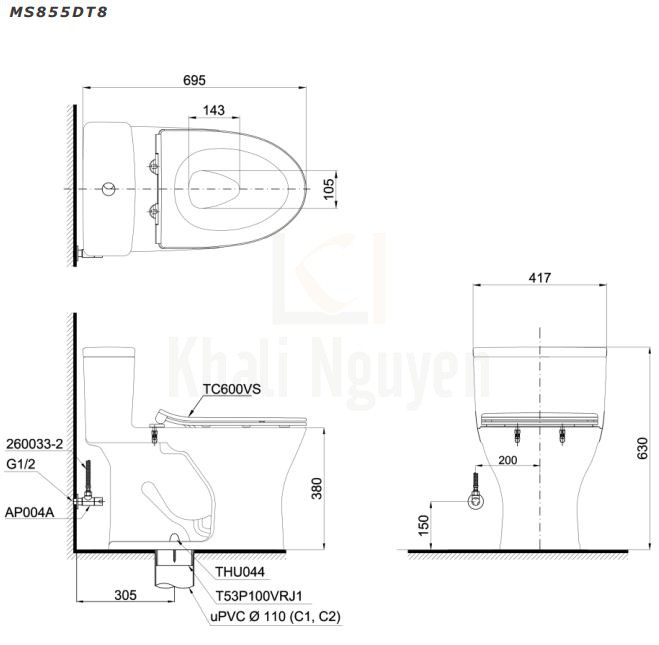 Bản Vẽ Bồn Cầu TOTO MS855DT8 Một Khối Nắp TC600VS